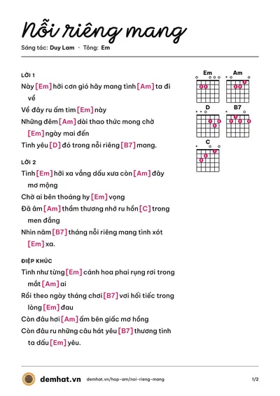 Hợp âm Nỗi riêng mang (Sao Mai) – bản nhạc PDF trang 1, tông Em