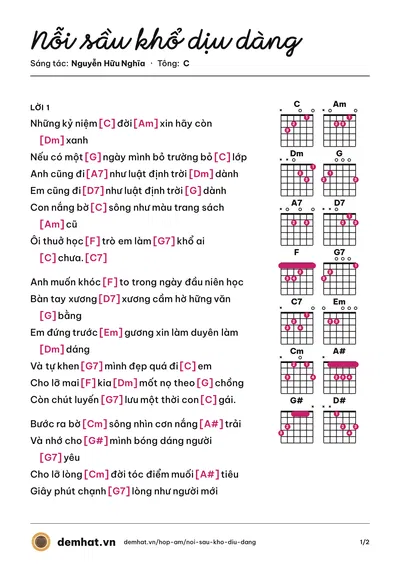 Hợp âm Nỗi sầu khổ dịu dàng (Nguyễn Hữu Nghĩa) – bản nhạc PDF trang 1, tông C