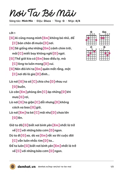 Hợp âm Nơi Ta Bé Mãi (Chuột Thổ Cẩm) – bản nhạc PDF trang 1, tông G