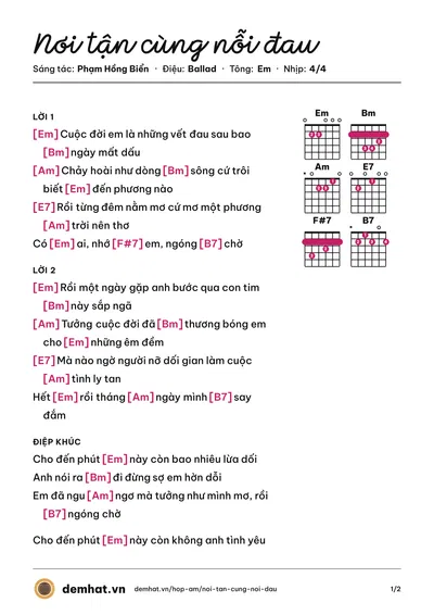 Hợp âm Nơi tận cùng nỗi đau (Phạm Hồng Biển) – bản nhạc PDF trang 1, tông Em
