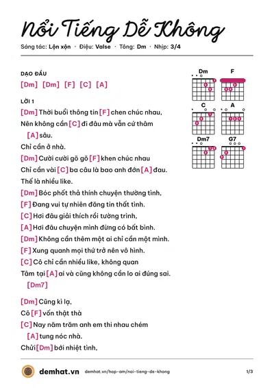 Hợp âm Nổi Tiếng Dễ Không (Lộn xộn) – bản nhạc PDF trang 1, tông Dm
