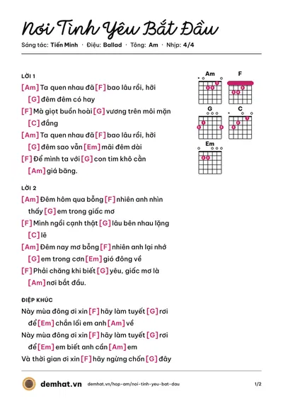 Hợp âm Nơi Tình Yêu Bắt Đầu (Bằng Kiều) – bản nhạc PDF trang 1, tông Am