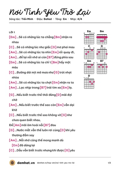 Hợp âm Nơi Tình Yêu Trở Lại (Bùi Anh Tuấn) – bản nhạc PDF trang 1, tông Em
