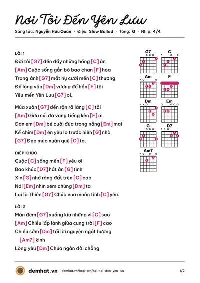 Hợp âm Nơi Tôi Đến Yên Lưu (Thế Duyệt) – bản nhạc PDF trang 1, tông G