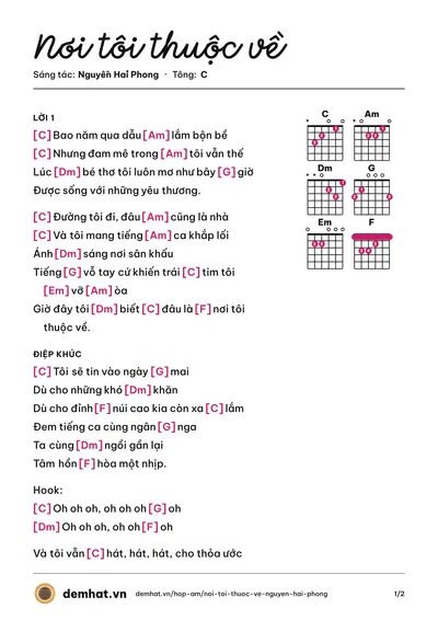 Hợp âm Nơi tôi thuộc về (Nguyễn Hải Phong) – bản nhạc PDF trang 1, tông C
