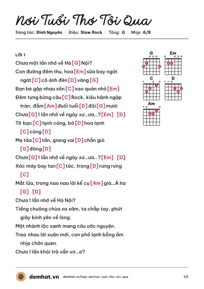 Hợp âm Nơi Tuổi Thơ Tôi Qua (Đình Nguyên) – bản nhạc PDF trang 1, tông G