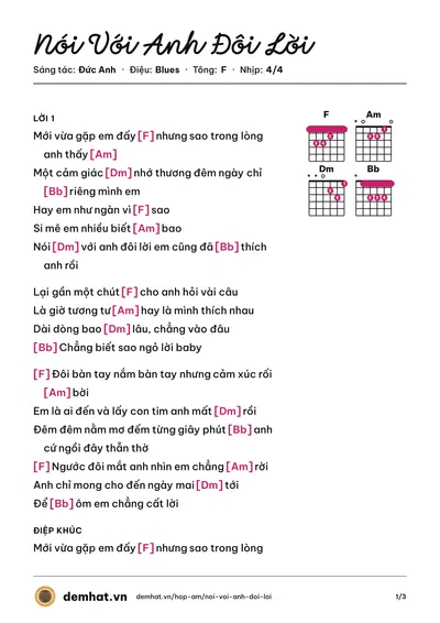 Hợp âm Nói Với Anh Đôi Lời (Đức Ứng) – bản nhạc PDF trang 1, tông F