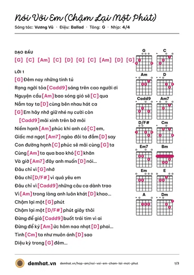 Hợp âm Nói Với Em (Chậm Lại Một Phút) (Tô Minh Đức) – bản nhạc PDF trang 1, tông G