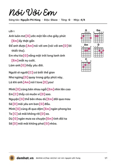 Hợp âm Nói Với Em (Nguyễn Phi Hùng) – bản nhạc PDF trang 1, tông G