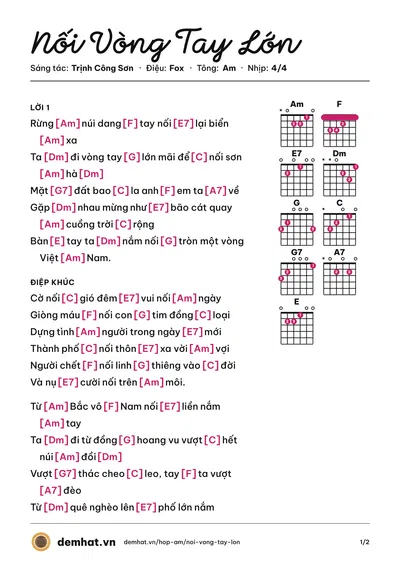 Hợp âm Nối Vòng Tay Lớn (Quang Dũng) – bản nhạc PDF trang 1, tông Am