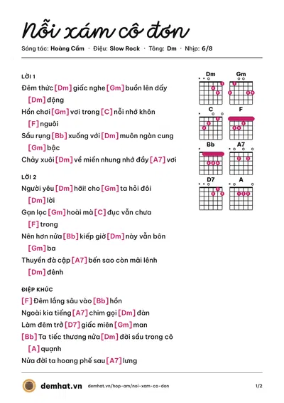 Hợp âm Nỗi xám cô đơn (Hoàng Cầm) – bản nhạc PDF trang 1, tông Dm