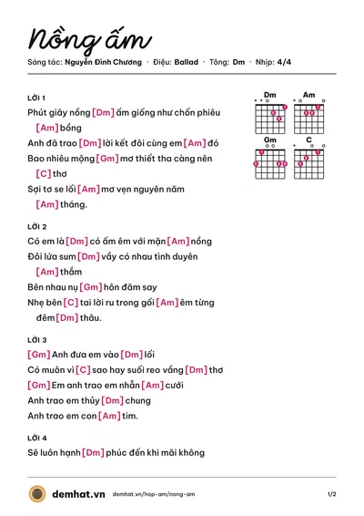 Hợp âm Nồng ấm (Nguyễn Đình Chương) – bản nhạc PDF trang 1, tông Dm