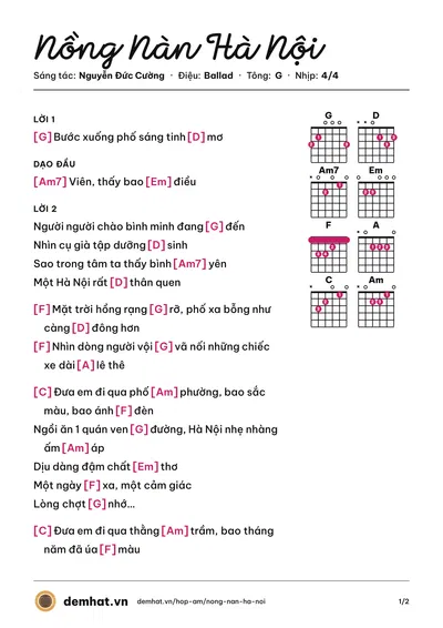 Hợp âm Nồng Nàn Hà Nội (Nguyễn Đức Cường) – bản nhạc PDF trang 1, tông G