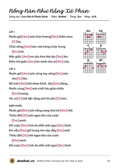 Hợp âm Nồng Nàn Như Nắng Xứ Phan (Ngọc Châu) – bản nhạc PDF trang 1, tông Em