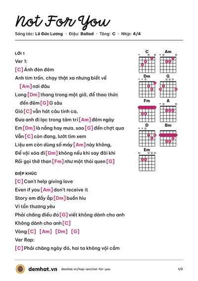 Hợp âm Not For You (Lê Đức Lương) – bản nhạc PDF trang 1, tông C