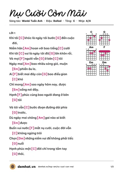 Hợp âm Nụ Cười Còn Mãi (Wanbi Tuấn Anh) – bản nhạc PDF trang 1, tông C