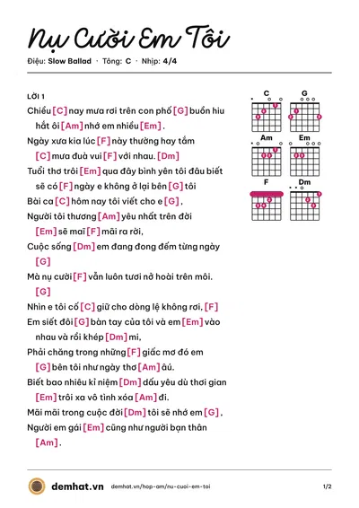 Hợp âm Nụ Cười Em Tôi (Đào Trọng Thịnh) – bản nhạc PDF trang 1, tông C