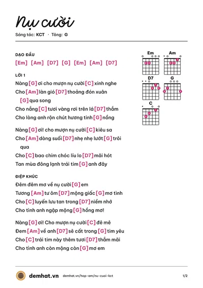 Hợp âm Nụ cười (Trần Cao) – bản nhạc PDF trang 1, tông G
