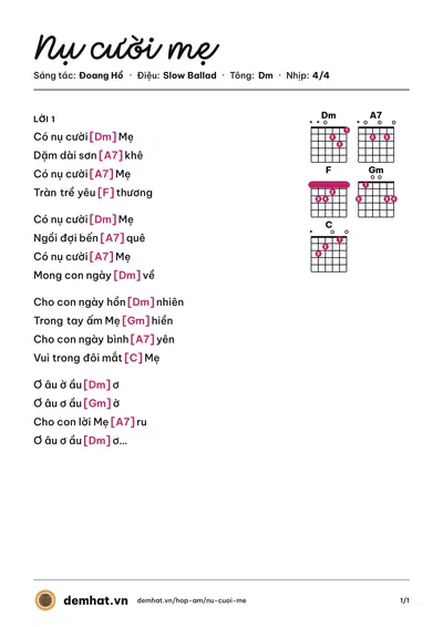 Hợp âm Nụ cười mẹ (Hồ Thiện Quân) – bản nhạc PDF trang 1, tông Dm