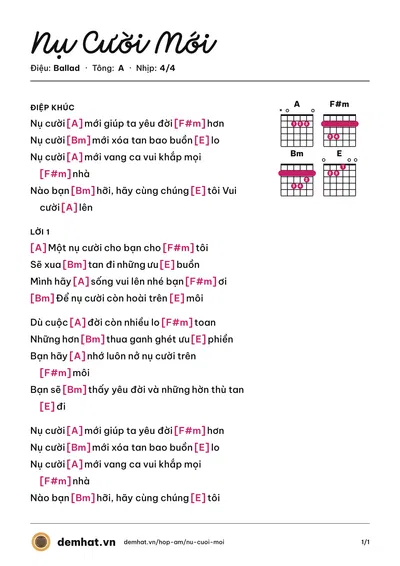 Hợp âm Nụ Cười Mới (Khánh Dũng) – bản nhạc PDF trang 1, tông A