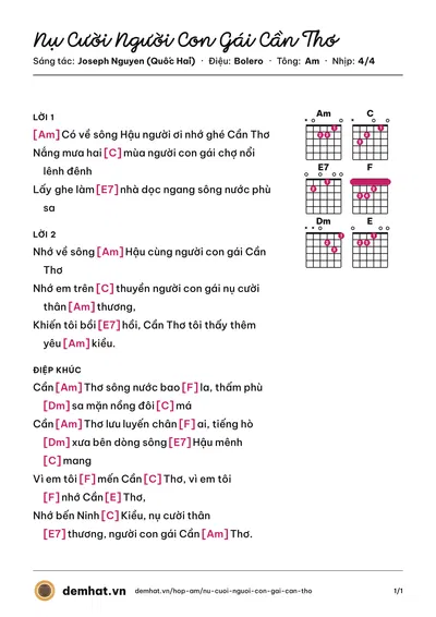Hợp âm Nụ Cười Người Con Gái Cần Thơ (Hoàng Nguyên) – bản nhạc PDF trang 1, tông Am