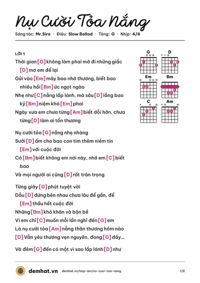 Hợp âm Nụ Cười Tỏa Nắng (Mr.Siro) – bản nhạc PDF trang 1, tông G