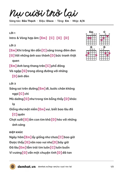 Hợp âm Nụ cười trở lại (Bảo Thạch) – bản nhạc PDF trang 1, tông Em
