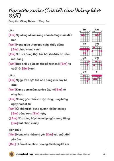 Hợp âm Nụ cười xuân (Cái tết của thằng khờ OST) (Bảo Kun) – bản nhạc PDF trang 1, tông Em