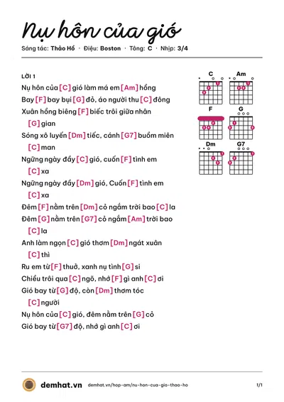 Hợp âm Nụ hôn của gió (Phương Thùy) – bản nhạc PDF trang 1, tông C
