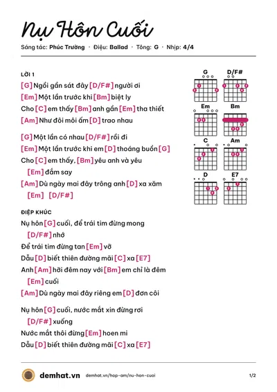 Hợp âm Nụ Hôn Cuối (Lưu Hương Giang) – bản nhạc PDF trang 1, tông G