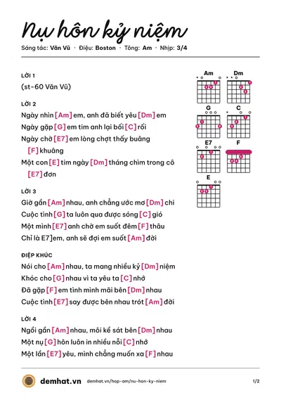 Hợp âm Nụ hôn kỷ niệm (Văn Vũ) – bản nhạc PDF trang 1, tông Am