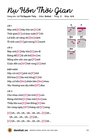 Hợp âm Nụ Hôn Thời Gian (Carol Thủy) – bản nhạc PDF trang 1, tông C