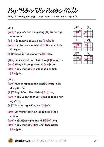 Hợp âm Nụ Hôn Và Nước Mắt (Lâm Chấn Huy) – bản nhạc PDF trang 1, tông Am