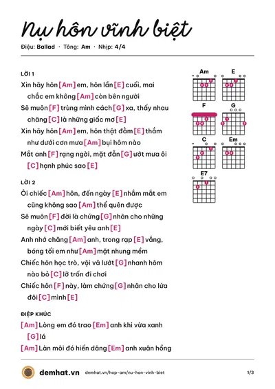 Hợp âm Nụ hôn vĩnh biệt (Kaguyahime) – bản nhạc PDF trang 1, tông Am