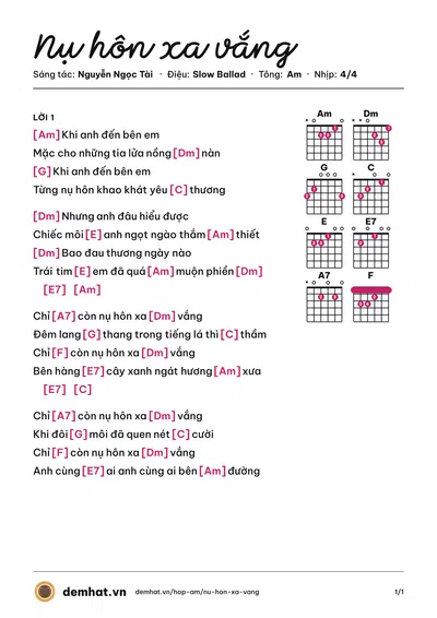 Hợp âm Nụ hôn xa vắng (Hà Thanh Xuân) – bản nhạc PDF trang 1, tông Am