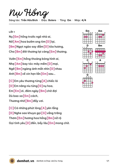 Hợp âm Nụ Hồng (Thái Châu) – bản nhạc PDF trang 1, tông Em