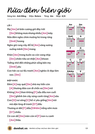 Hợp âm Nửa đêm biên giới (Chế Linh) – bản nhạc PDF trang 1, tông Am