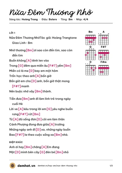 Hợp âm Nửa Đêm Thương Nhớ (Giao Linh) – bản nhạc PDF trang 1, tông Bm