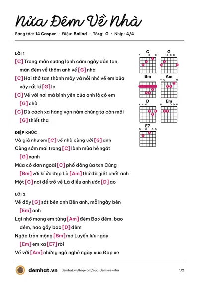 Hợp âm Nửa Đêm Về Nhà (Bon) – bản nhạc PDF trang 1, tông G