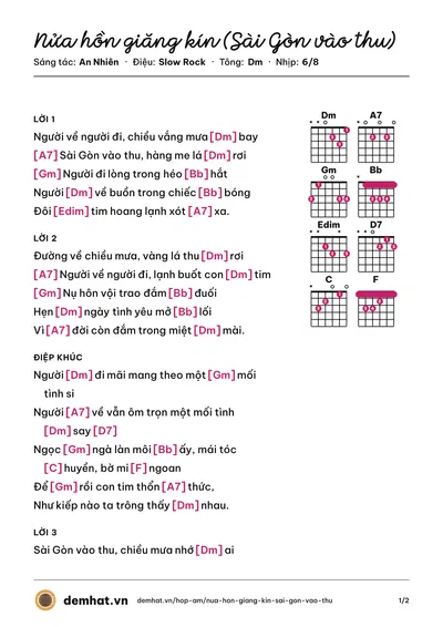 Hợp âm Nửa hồn giăng kín (Sài Gòn vào thu) (Việt Nhân) – bản nhạc PDF trang 1, tông Dm
