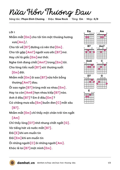 Hợp âm Nửa Hồn Thương Đau (Thái Thanh) – bản nhạc PDF trang 1, tông Em