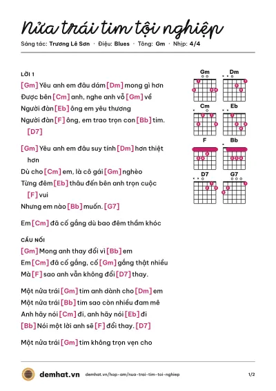 Hợp âm Nửa trái tim tội nghiệp (Hoàng Lê Vi) – bản nhạc PDF trang 1, tông Gm