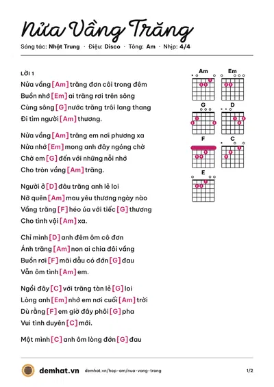 Hợp âm Nửa Vầng Trăng (Đàm Vĩnh Hưng) – bản nhạc PDF trang 1, tông Am