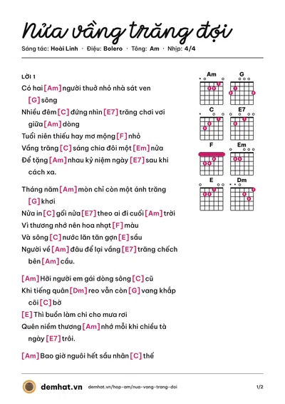 Hợp âm Nửa vầng trăng đợi (Phương Dung (trước 75)) – bản nhạc PDF trang 1, tông Am