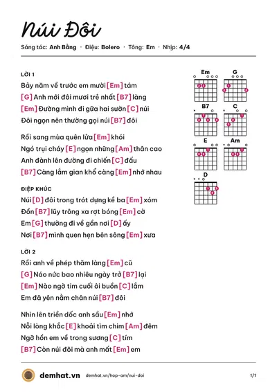 Hợp âm Núi Đôi (Anh Bằng) – bản nhạc PDF trang 1, tông Em