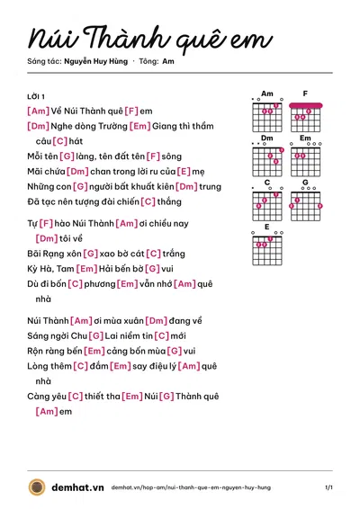 Hợp âm Núi Thành quê em (Thanh Trà) – bản nhạc PDF trang 1, tông Am