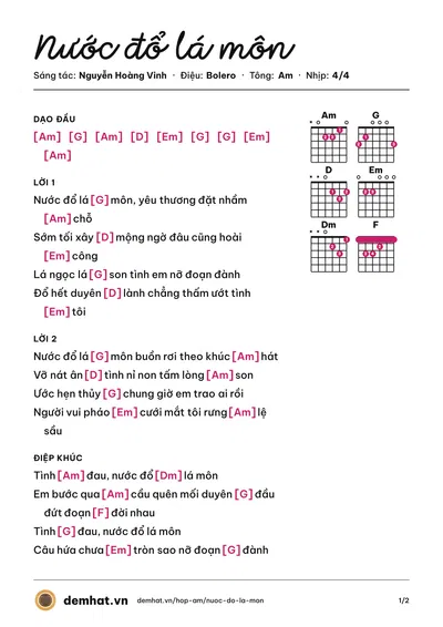 Hợp âm Nước đổ lá môn (Bùi Phi Long) – bản nhạc PDF trang 1, tông Am