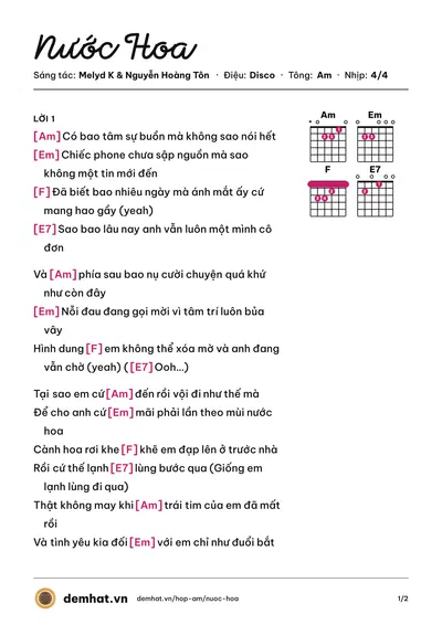 Hợp âm Nước Hoa (Hoàng Tôn) – bản nhạc PDF trang 1, tông Am