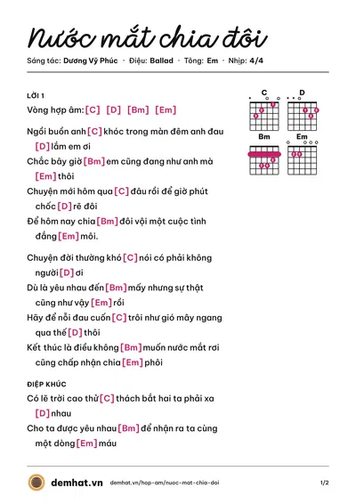 Hợp âm Nước mắt chia đôi (Dương Thiên Minh) – bản nhạc PDF trang 1, tông Em