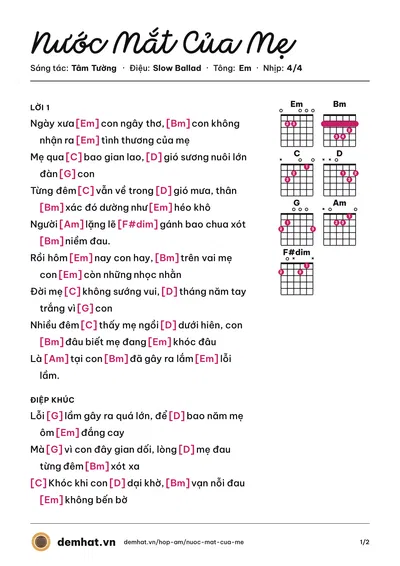 Hợp âm Nước Mắt Của Mẹ (Châu Khải Phong) – bản nhạc PDF trang 1, tông Em